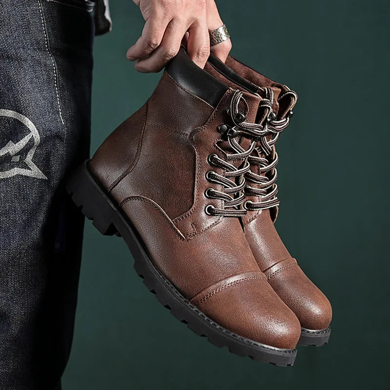 British Retro Men's High-Top Leather Cowboy Boots Lace-Up Comfortable Breathable Equestrian Casual Shoes Premium Quality Fashion