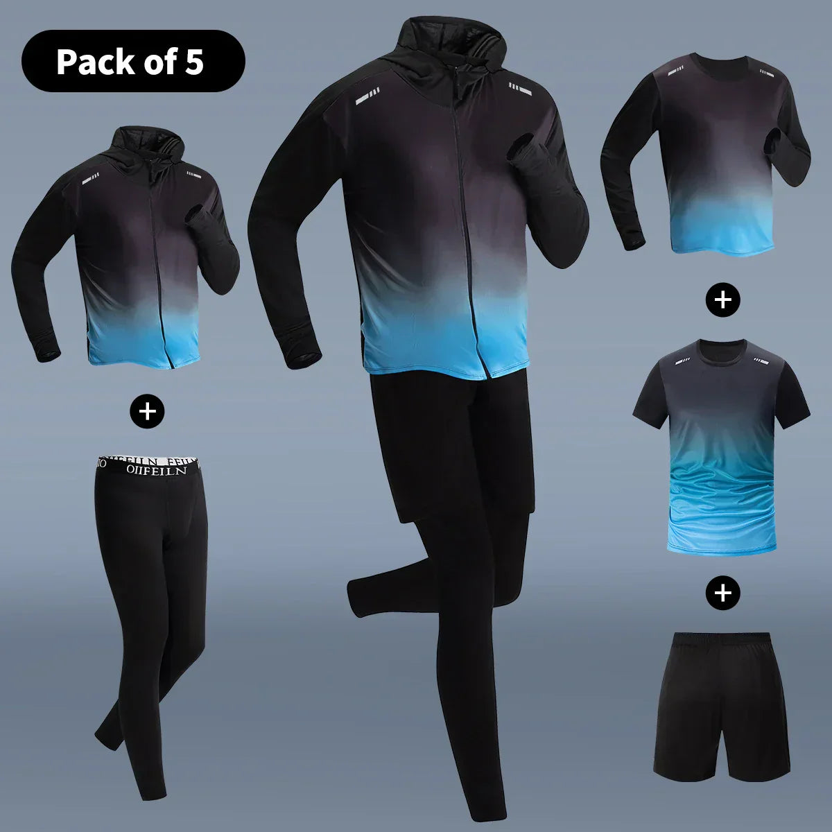 5-Piece Men's Quick-drying Sports Suit Fitness Running Tight Elastic Trousers With Cap Gradient Coat Round Neck Casual T-shirt