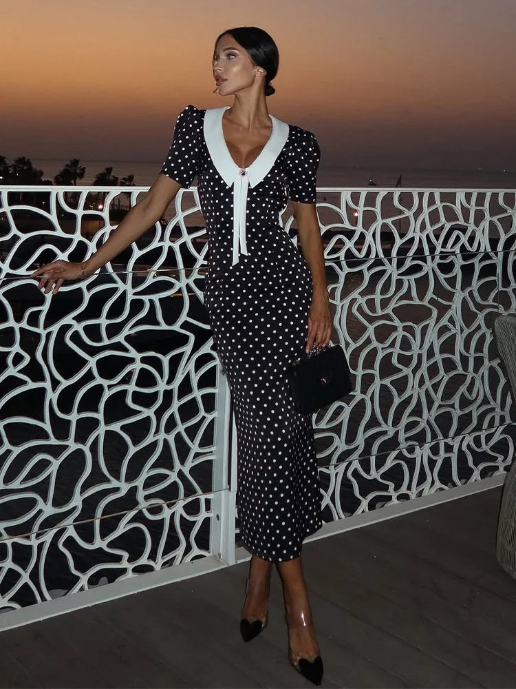 Dot Patchwork Hip Wrap Short Sleeve V Neck Elegant Women Dresses Sheath Fashion Sexy Club Bodycon Female Vestidos Robes