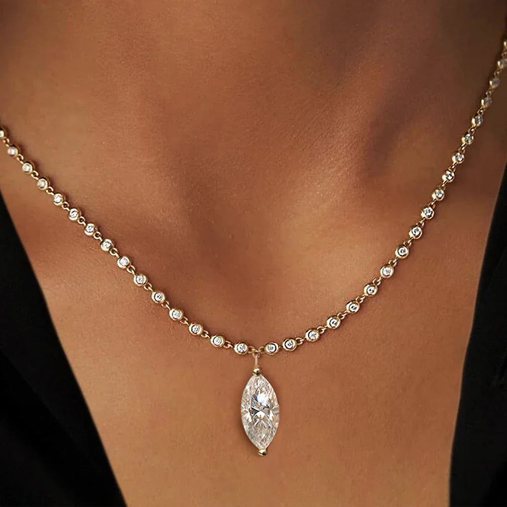 3MM Round Bubble Moissanite Diamond Tennis Neclace With 3carat Marquise Cut Pendant Neck Chain For Women 925 Silver Fine Jewelry