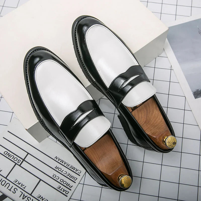 Italian Luxury Brand Loafers Men's Black and White Color Leather Shoes Slip-on Fashion Soft-soled Casual Shoes Wedding Moccasin