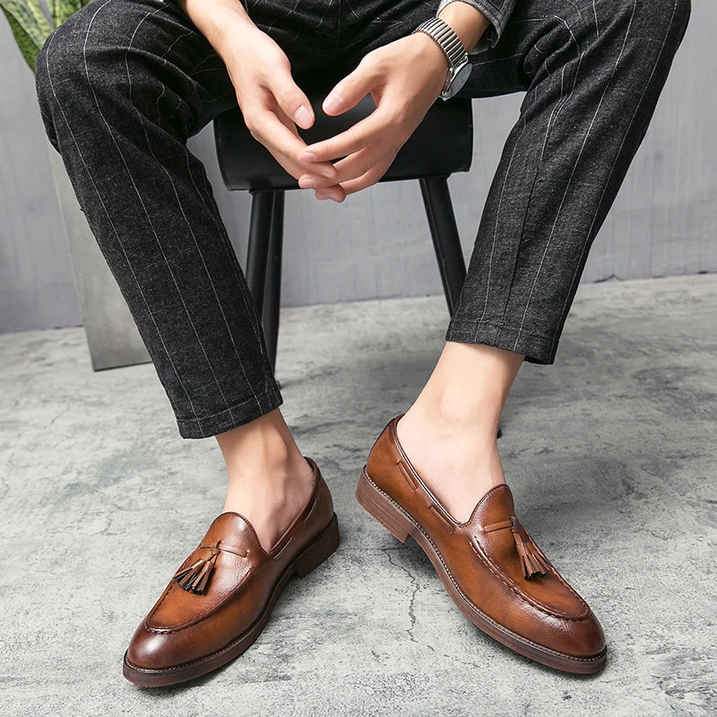 Men Small Fringe Loafers PU Low Heel Business Casual Formal Men Shoes