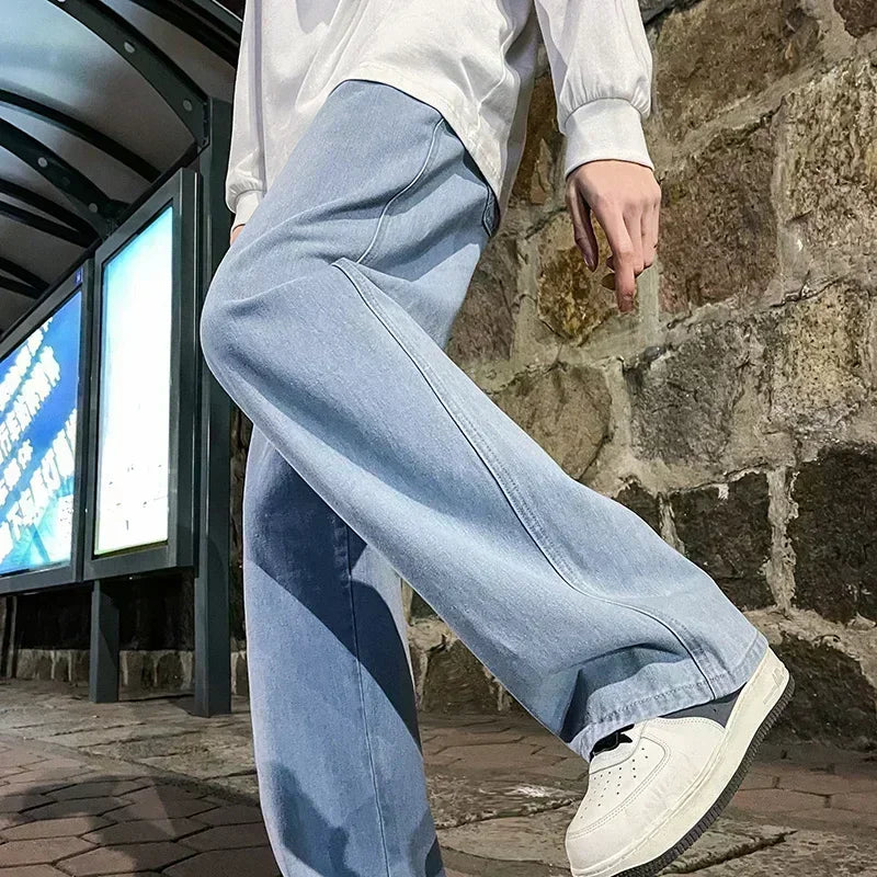 2025 New Korean Men's Casual Long Jeans Classic Man Straight Denim Wide-leg Pants Solid Color Light Blue Grey Black