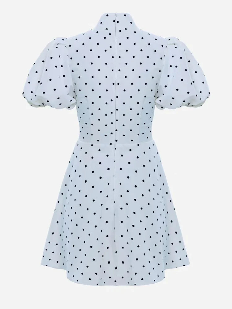 Retro Polka Dot Mini A-line Dress Elegant Stand Collar Puff Short Sleeve Waist-cinching Dresses 2026 New Lady Party Gowns