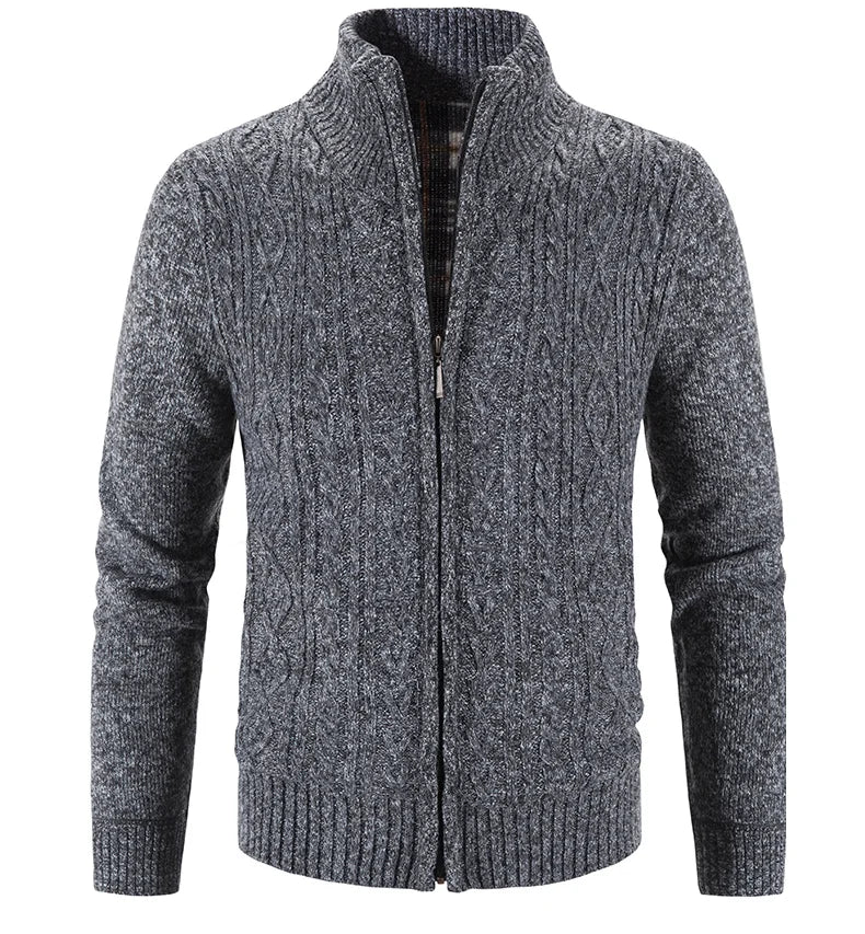 Winter Autumn New Sweater Knit Cable Cardigan Men Business Casual Jacket Zipper Up Solid Color Turn-down Coat Fleece Clothes