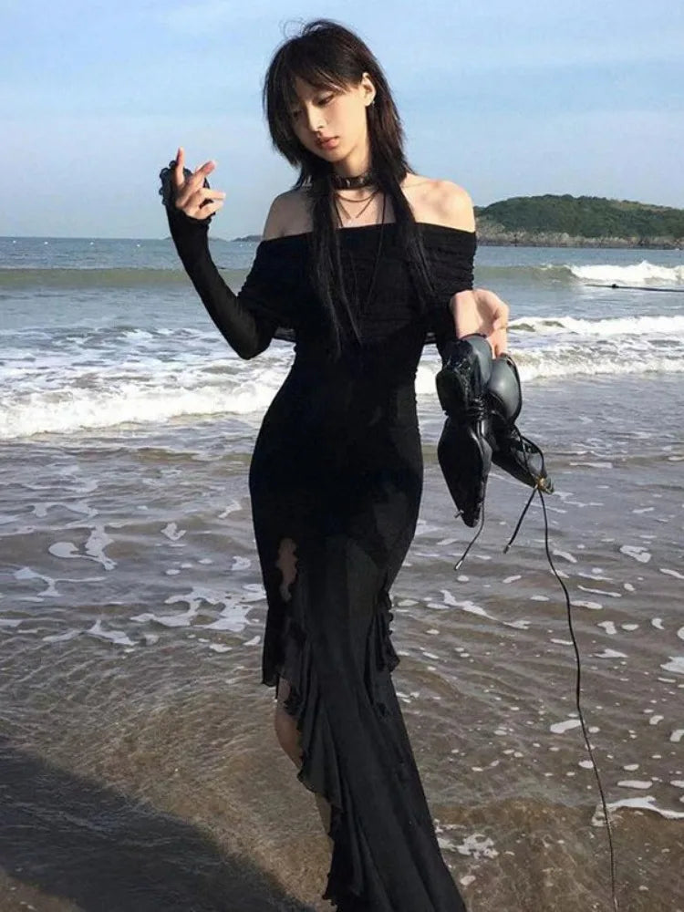فساتين نسائية غير منتظمة بتصميم عتيق من الستريت وير باللون الأسود