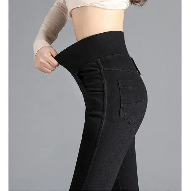 Woman Jeans Pants Elastic Waist High Waist Winter Stretch Feet Pants