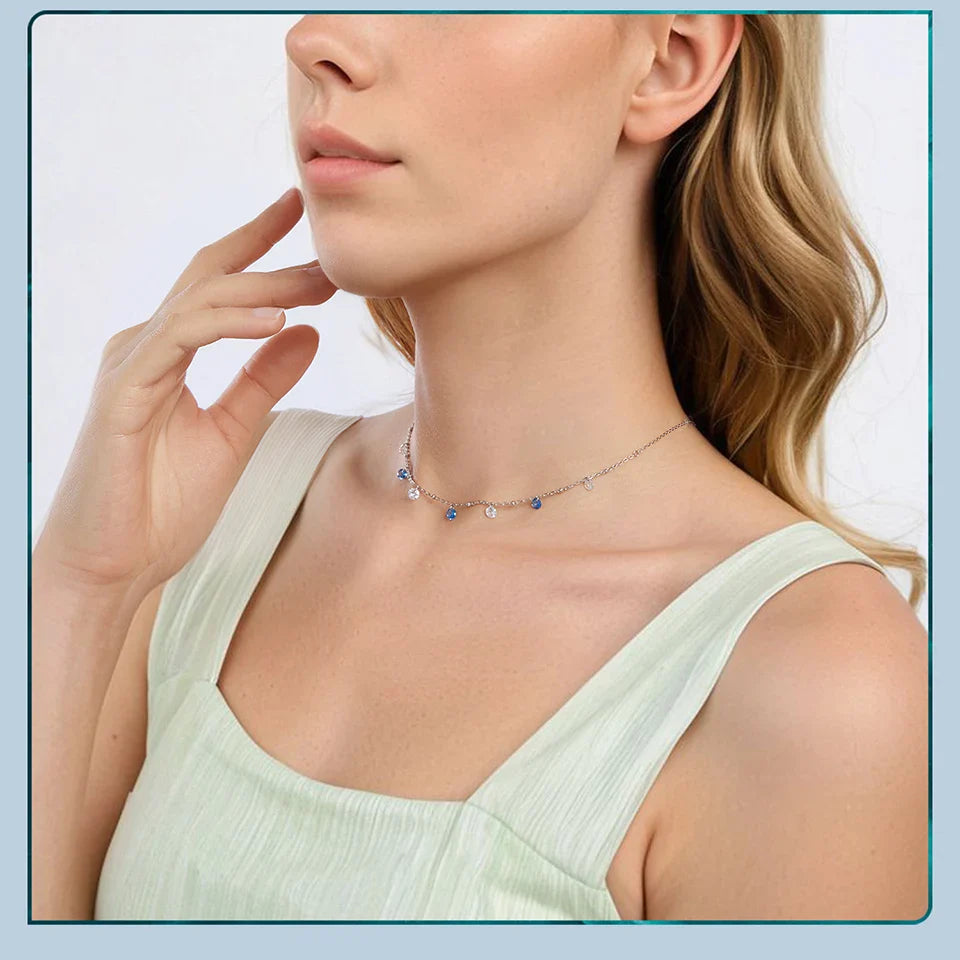 925 Sterling Silver Station Necklace, Simulated Diamond Star Necklace Women CZ Chain Choker Necklace BSN428