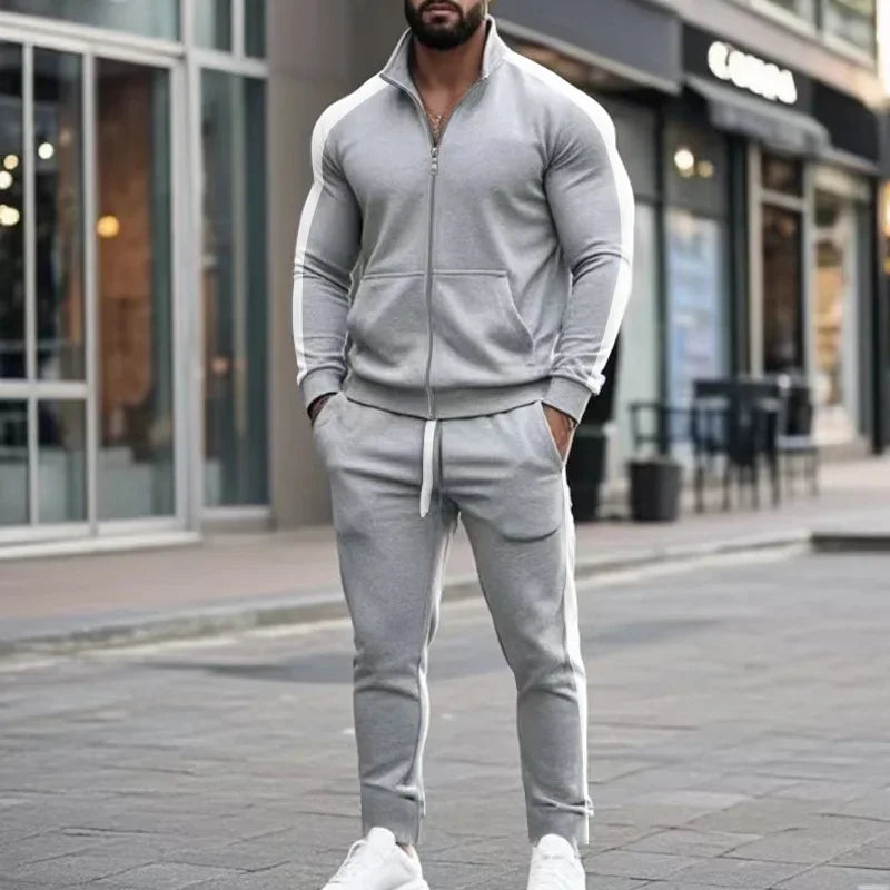 2025 Spring Autumn Men's 2-Piece Set Color Blocking Zipper Stand Collar Casual Sports Jacket Sweatshirt Trousers Suit