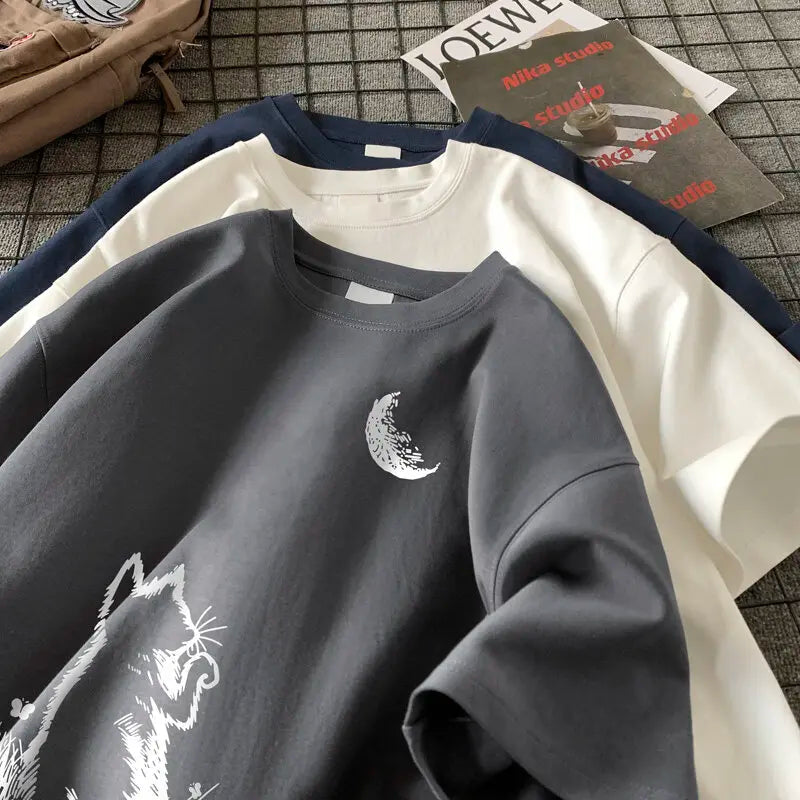 تيشيرتات رجالية كبيرة الحجم بيضاء بمقاس 5XL قطنية للرجال، تيشيرت كاجوال صيفي مطبوع عليه قطة وقمر، ملابس رجالية