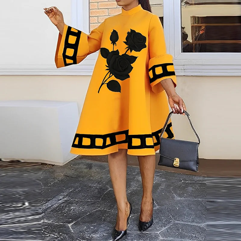 Flower Print  Loose Yellow Dresses for Women Autumn Winter Clothes Flared Sleeves Woman Midi Casual A-line Dress