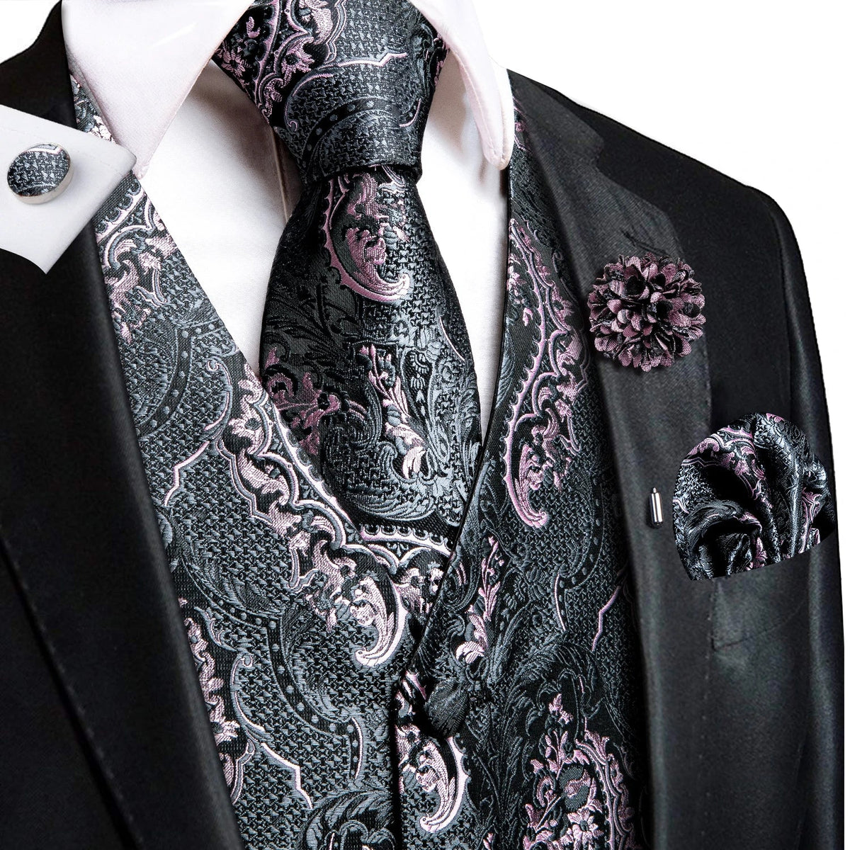 High Quality Silk Mens Vests Pink Gray Floral Waistcoat Tie Hanky Cufflinks Brooch Set for Men Suit Wedding Office Gift