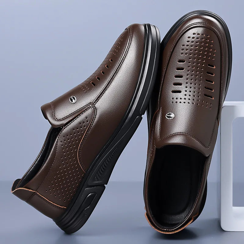 Spring Summer Hallow Leather Shoes for Men Solid Color Breathable Business Casual Shoes Male New Designer Fashion Sandals Man