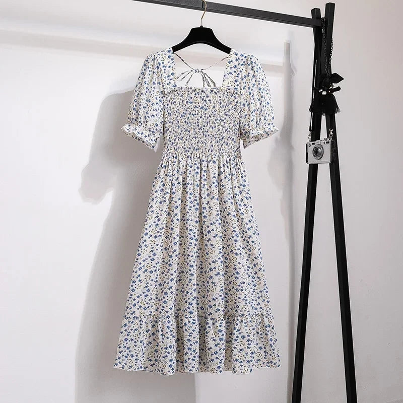 Spring Summer Chiffon Dresses Fashion Female Elastic Waist Short Sleeve Pleated Casual Dress Women A-line Dresses Vestidos