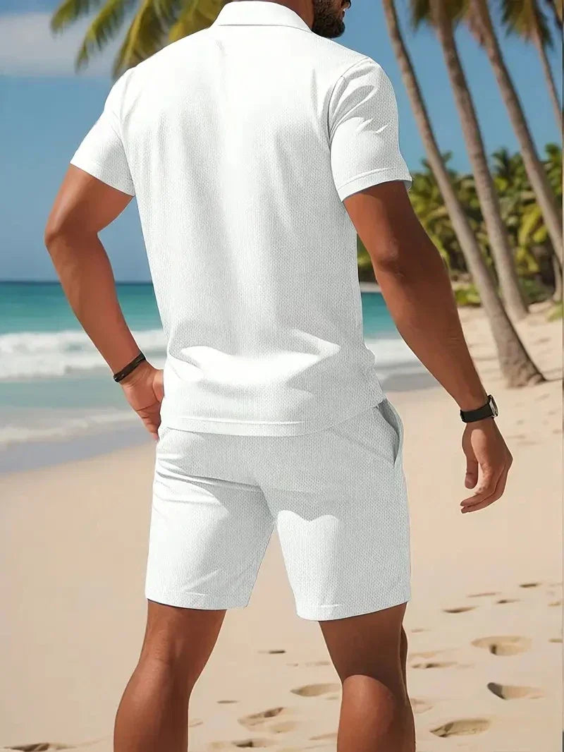 Summer Casual Versatile Fashion Short-Sleeved Button-Down Polo Shirt And Breathable Mesh Shorts Set for Men Plus Size