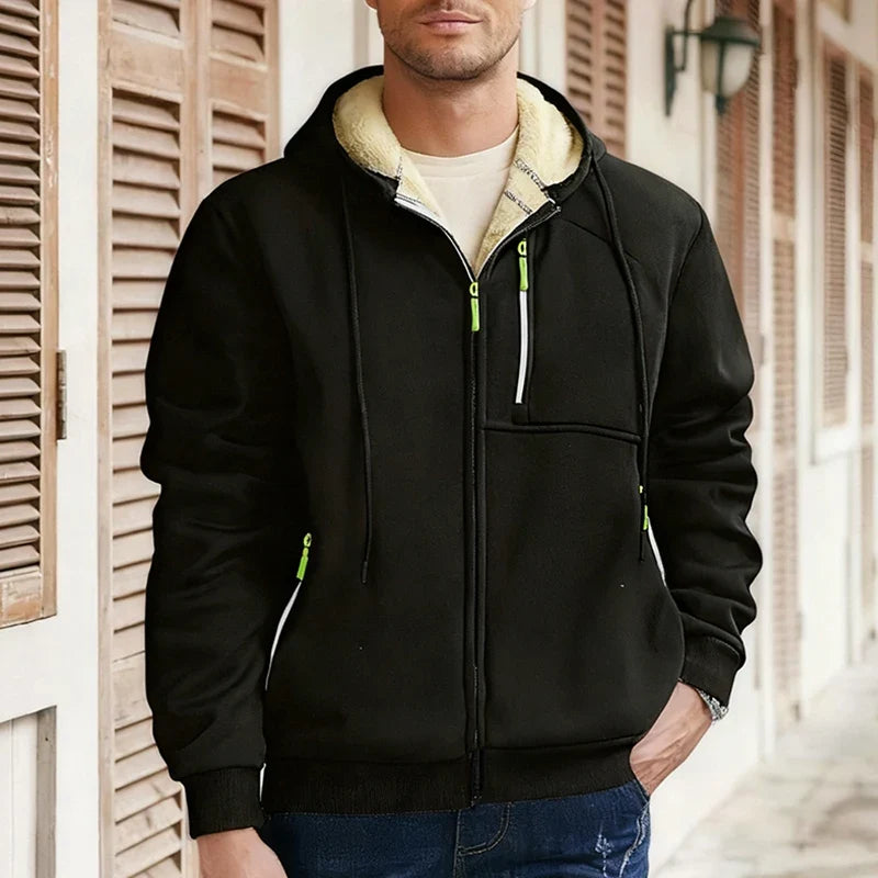 Men's Winter Warm Sherpa Plush Lined Jacket Casual Zip Up Hooded Coat with Zipper Pockets Male Fleece Outerwear Outfits Tops
