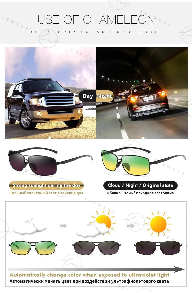 Classic Photochromic Sunglasses Polarized Man Day Night Vison Glasses Woman Chameleon Lens For Driving Goggles Male