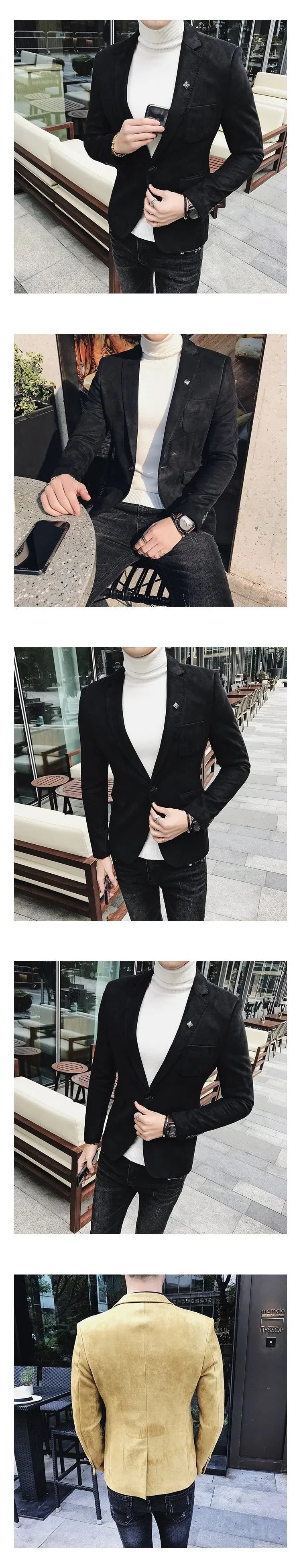 Spring Vintage Suede Suit Jacket Men Casual Business Slim Fit Blazer Deerskin Leather Jacket Men Wedding Street Wear Social Coat