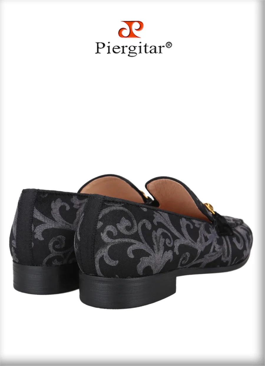 Piergitar Retro Style High-End Custom-Made Baroque Jacquard Velvet Men's Loafers With Horsebit Buckle Slip-On Smoking Shoes