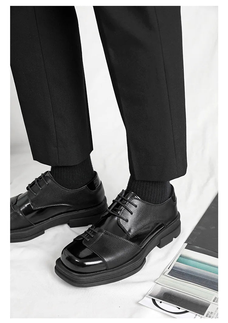 Men Genuine Leather Derby Shoes Vintage Square Toe Male Lace Up Platform Dress Shoes Black Business Footwear Wedding Shoes