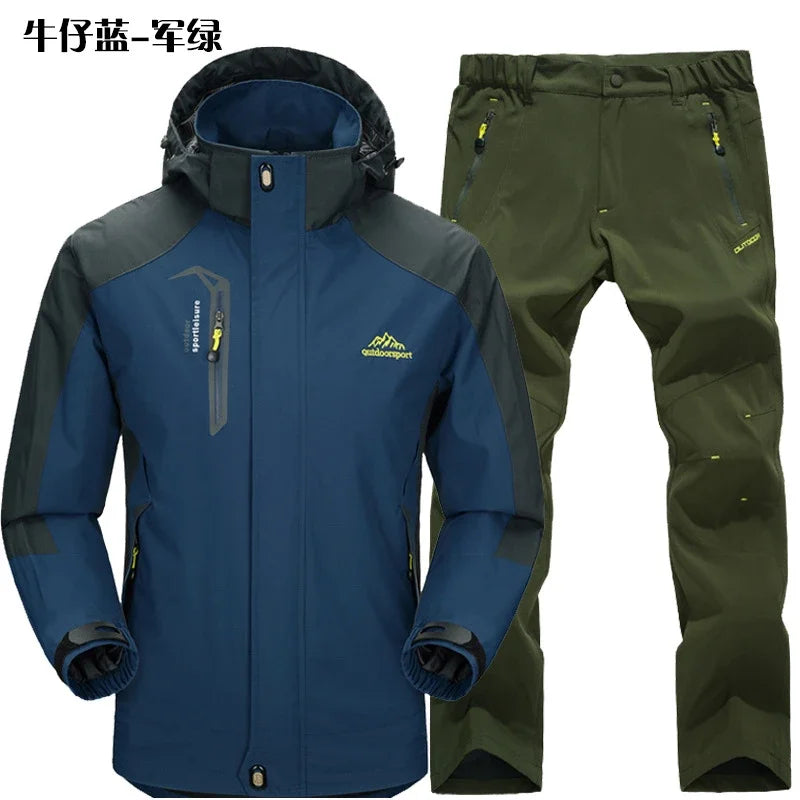 Outdoor Jacket Pants Sets Men Fleece Thermal Waterproof Windproof Hooded Jackets Hiking Military Trip Mountain Camping Clothes