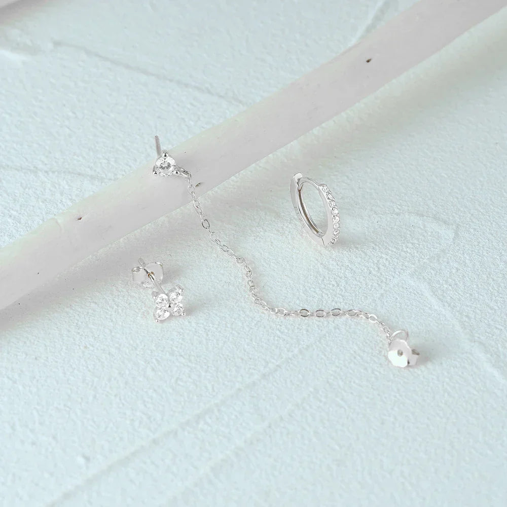 925 Sterling Silver 3pcs/set Cute Chians Stud Earrings Set Fashion Zircon Crystal Women Girls Gift Fine Jewelry Set