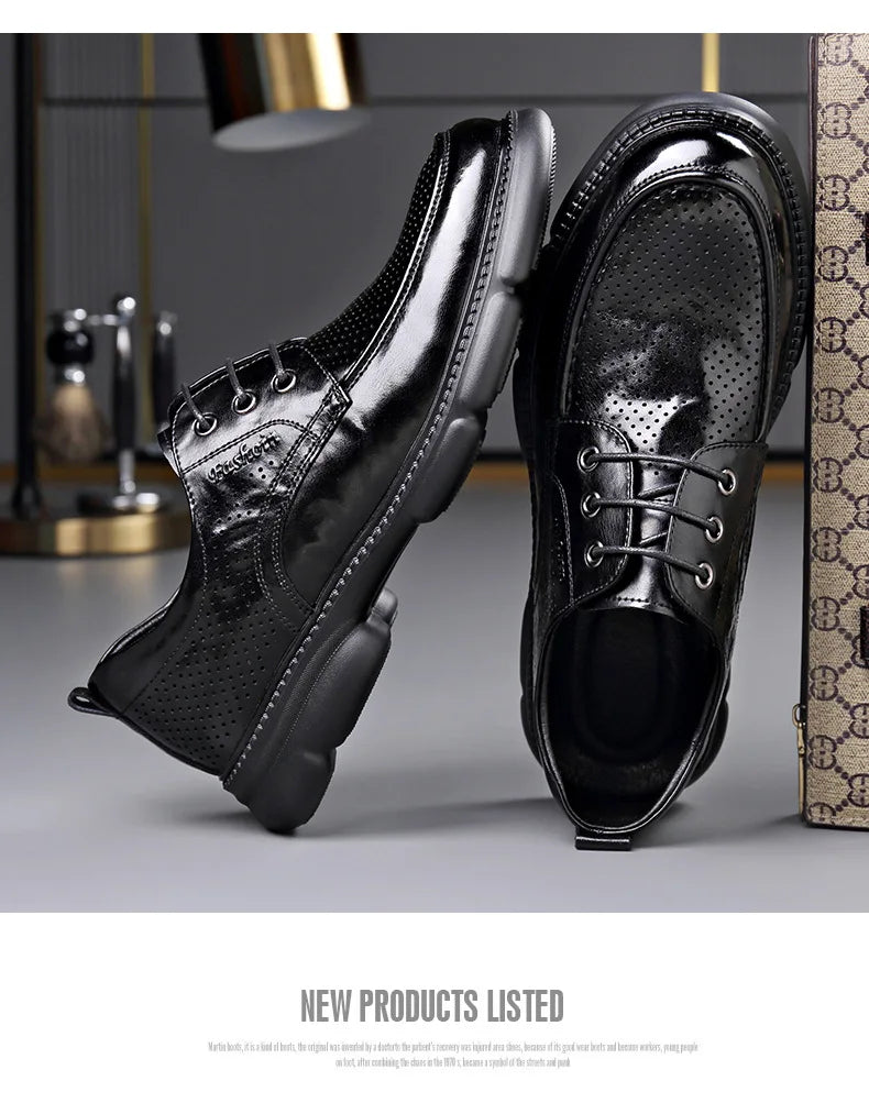 Summer Hallow Cow Leather Shoes for Men Fashion Casual Black New Designer Dress Shoes Male Lace Breathable Platform Shoes Man