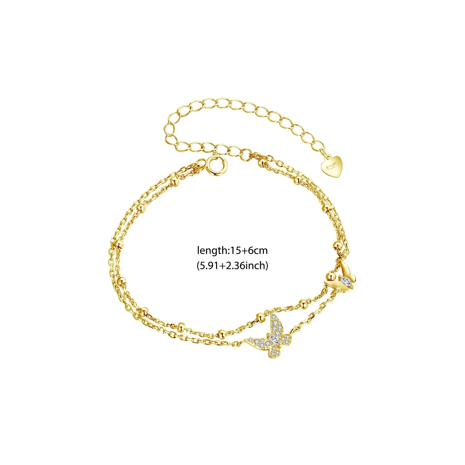 Womens Double-Layer Butterfly Bracelet 925 Sterling Silver CZ Layered Bracelet Dainty Beaded Chain Adjustable 5.9"+2.3"
