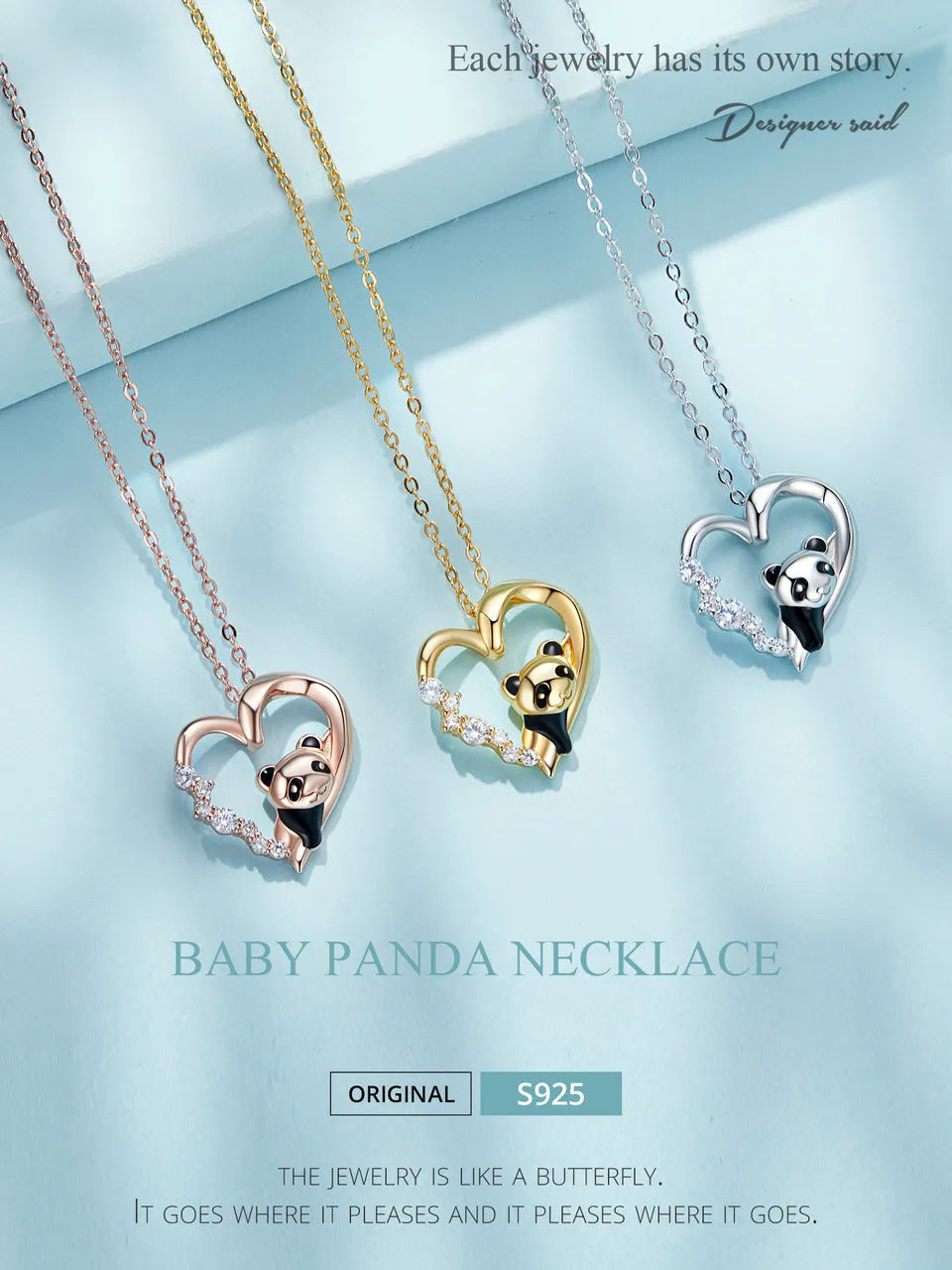 925 Sterling Silver Baby Panda Crystal Necklace Enamel Cute Animal Charm Chain Link for Women Gift 17.71'' SCN453