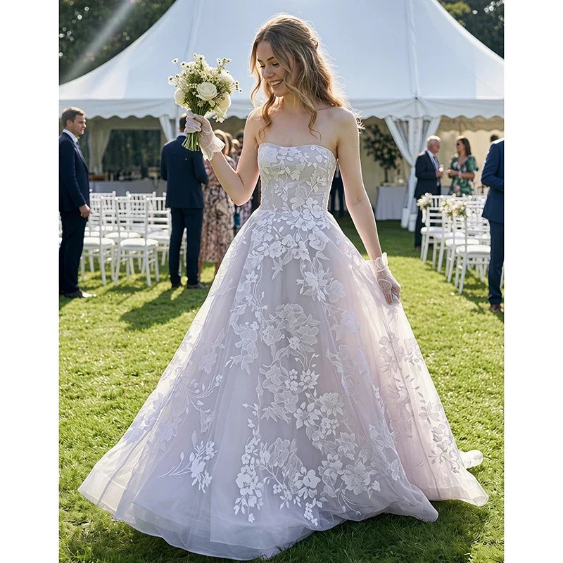 2026 Elegant Strapless Wedding Dress 3D Floral Lace Applique Tulle Ball Gown Court Train Bridal Gown Custom Size Vestidos