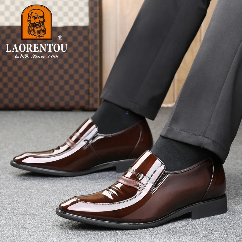LAORENTOU genuine leather Increase in height 6CM men's shoes, dress leather shoes with raised pointed toe inside wedding shoes