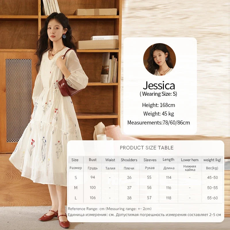 Beige Flower Embroidered Dress for Women 2025 Autumn Curved Collar Lantern Sleeves Tied Waist Long Dresses MXE41L2487