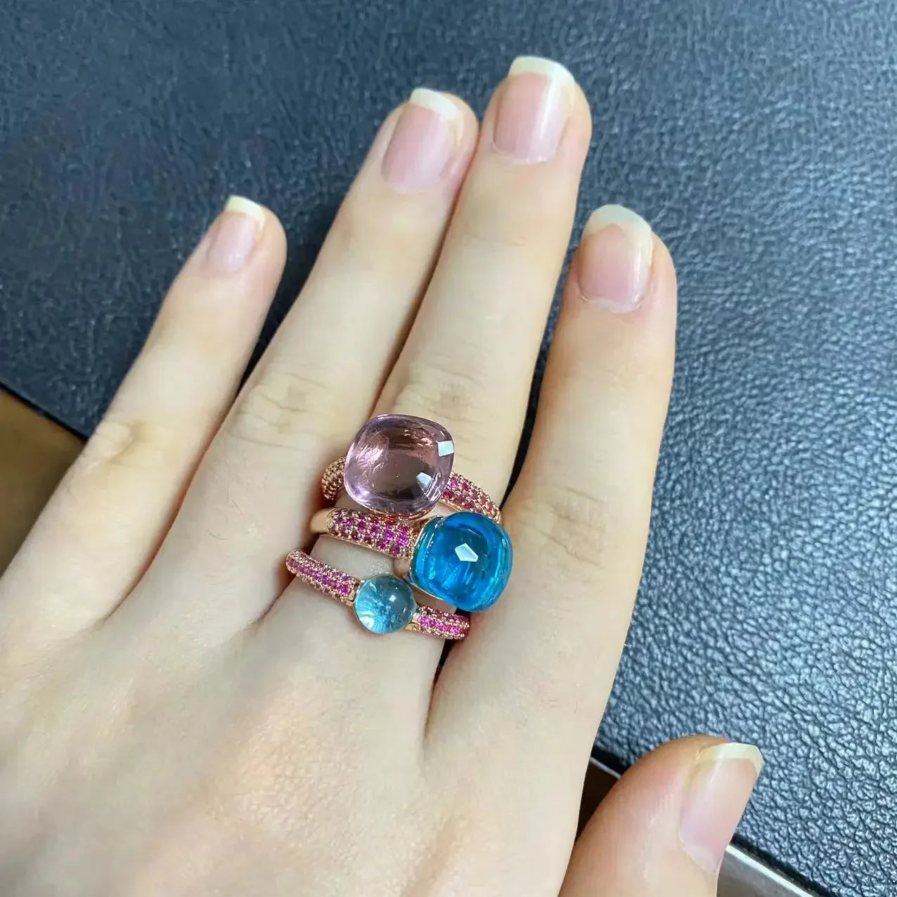 3Pcs/Set Nudo Ring Stacking Set for Women Mix Color Candy Crystal Inlay Zircon Amethyst Blue Topaz Round Jewelry Gift