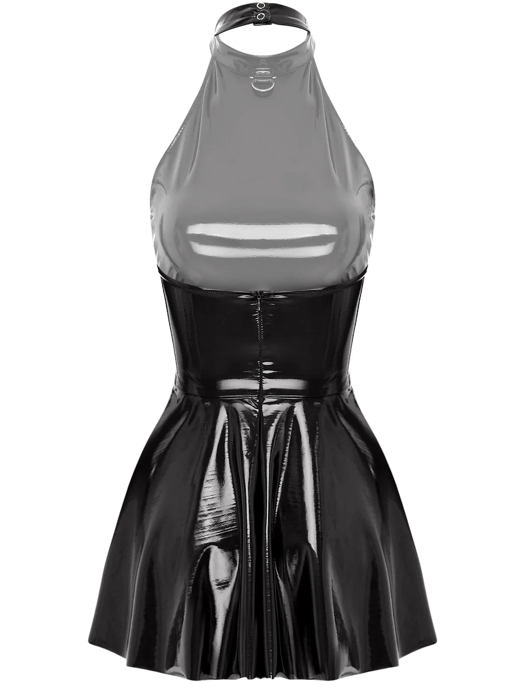 Womens Glossy Patent Leather Glossy Mini Skater Dress Halter Backless Bodycon Lingerie A-Line Dresses Rave Disco Party Clubwear