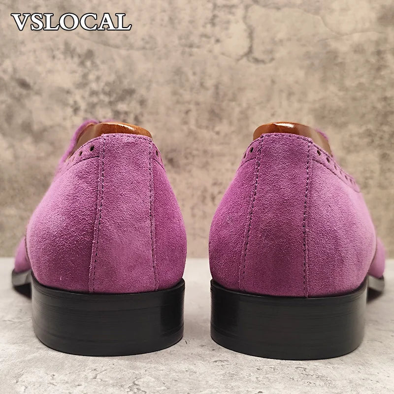 Elegant Men's Oxford Shoe Lace up Suede Leather Purple Pointed Toe Mens Dress Casual Shoes Banquet Wedding Shoes For Man