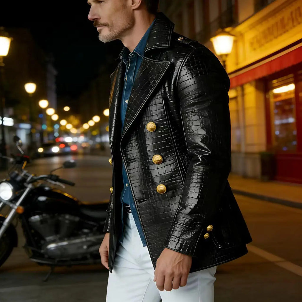 Men's Crocodile Embossed Leather Peacoat Double Breasted Gold Button Jacket Luxury Casual Overcoat