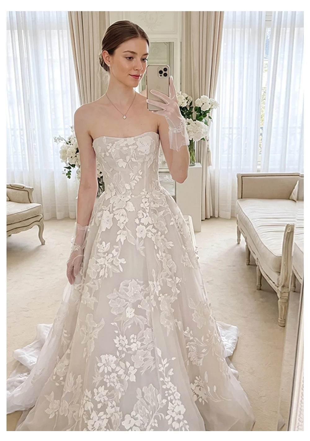 2026 Elegant Strapless Wedding Dress 3D Floral Lace Applique Tulle Ball Gown Court Train Bridal Gown Custom Size Vestidos