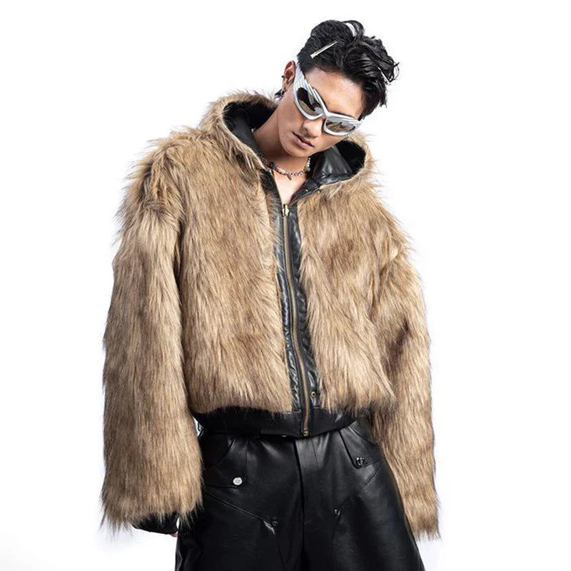 American Style Men's Padded Jackets PU Leather Reversible Faux Fur Fleece Thickened Solid Color Loose Male Coats Tide 9W161