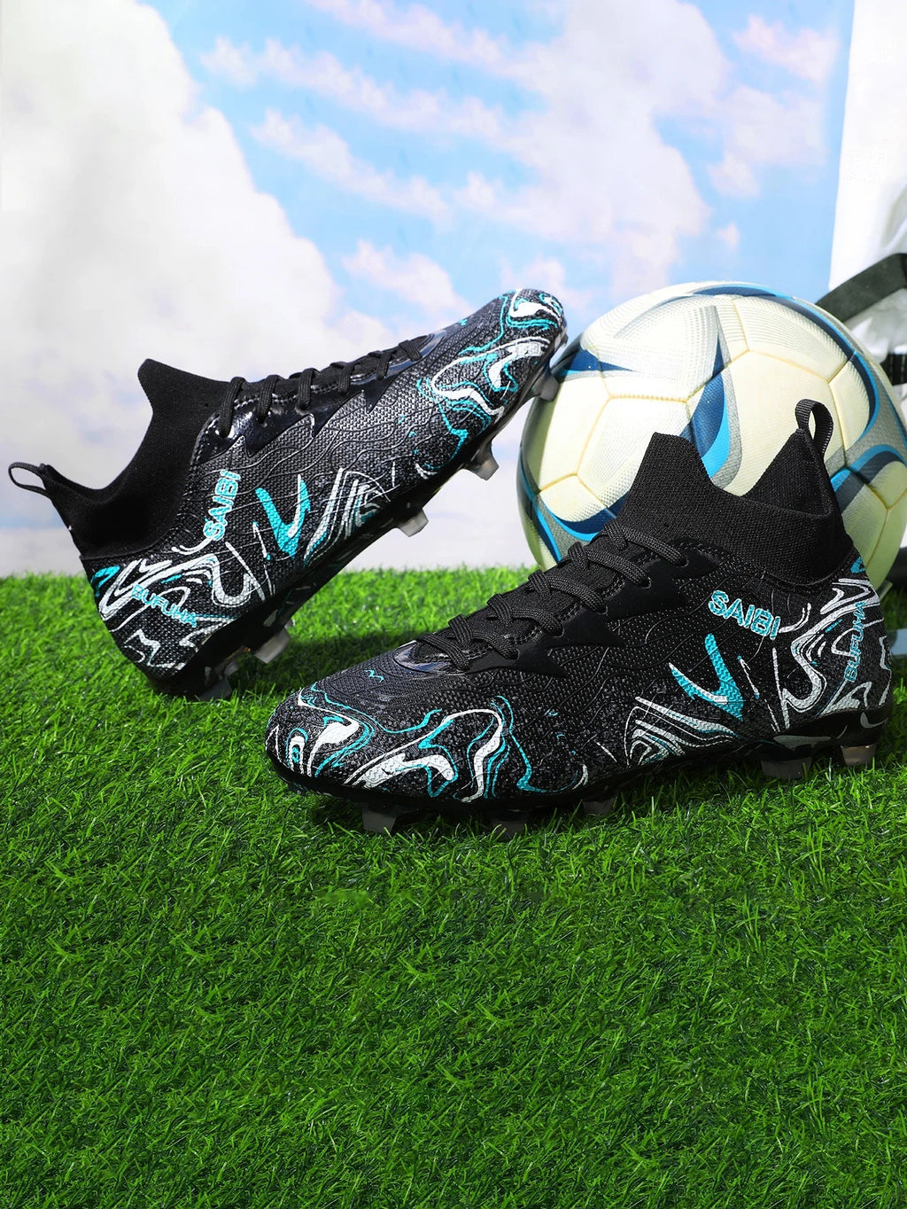High-top football boots with long FG studs and TF studs,suitable for both men and women,featuring breathable and non-slip design