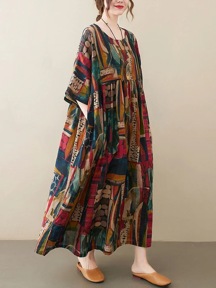 Short Sleeve Cotton Linen Vintage Print Summer Long Dresses For Women 2026 Casual Loose Holiday Ladies Dress Elegant Clothes