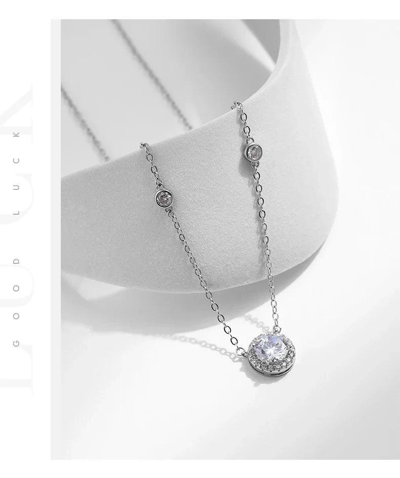 925 Sterling Silver Luxury Round Clear AAAAA Zircon Pendant Necklace For Women Wedding Engagement Bridal Fine Jewelry