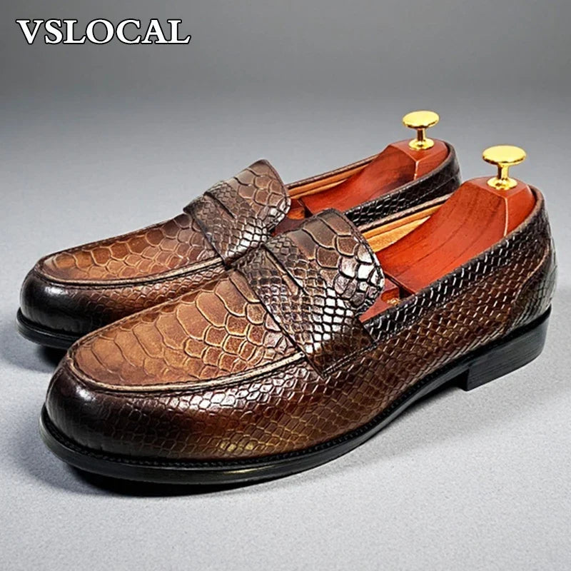 Luxury Men's Loafers Black Coffee Slip On Snake Print Mens Casual Shoes Wedding Office Banquet Genuine Leather Shoes Men