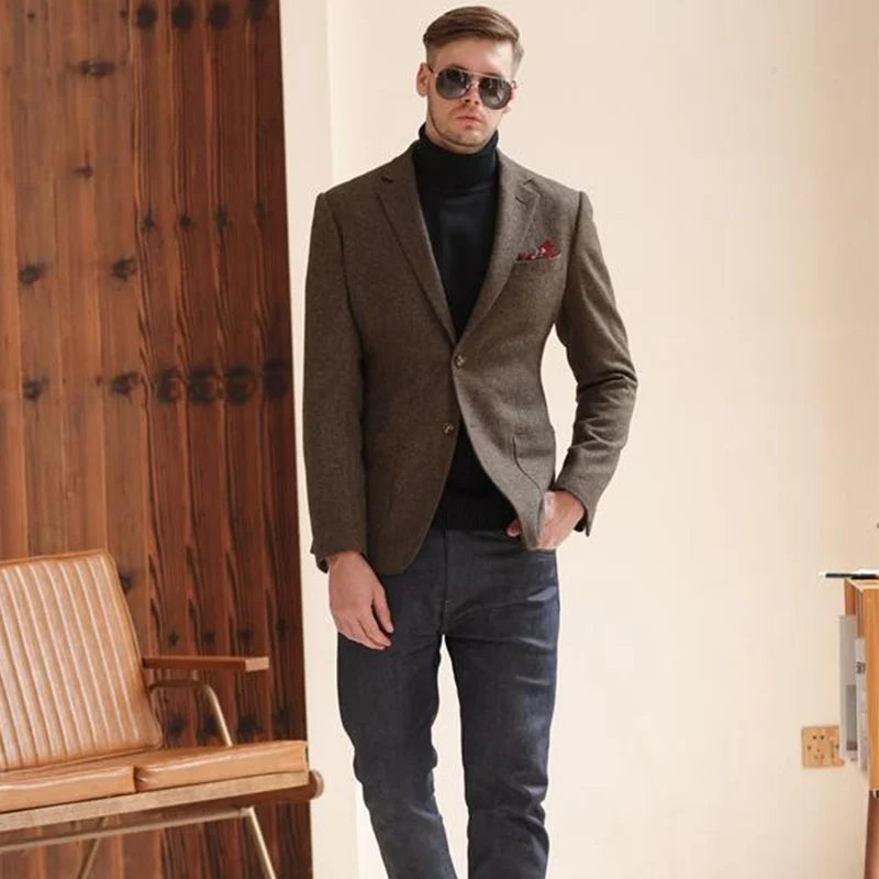Autumn and Winter Thickeneded Retro Coarse Woolen Suit Business Casual British Style Herringbone Pattern Suit Jacket for Men