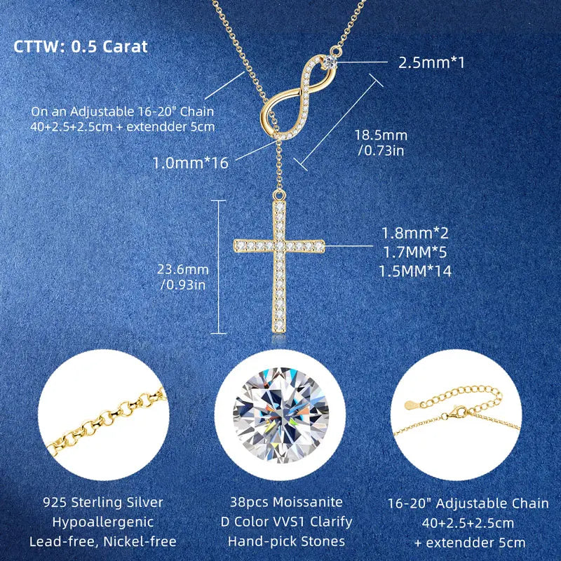 Round Moissanite Y-shape Lariat Cross Heart Infinite Pendant Necklace Chain for Women 925 Sterling Silver Jewelry Gifts
