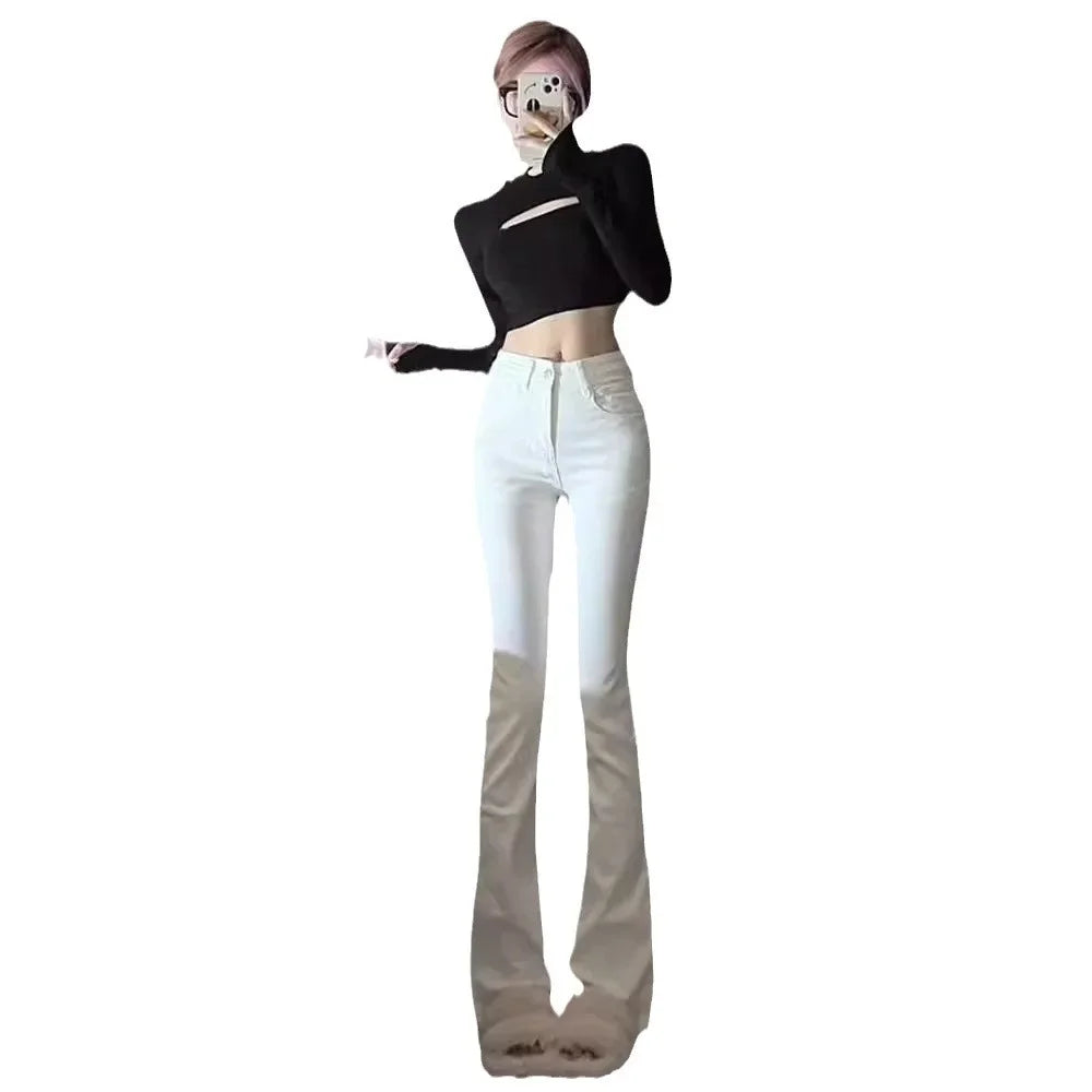 White Straight-leg Jeans Women's High-waisted Elastic Slimming Bootcut Pants Microflare Waistline Shredded Leggings Fashion