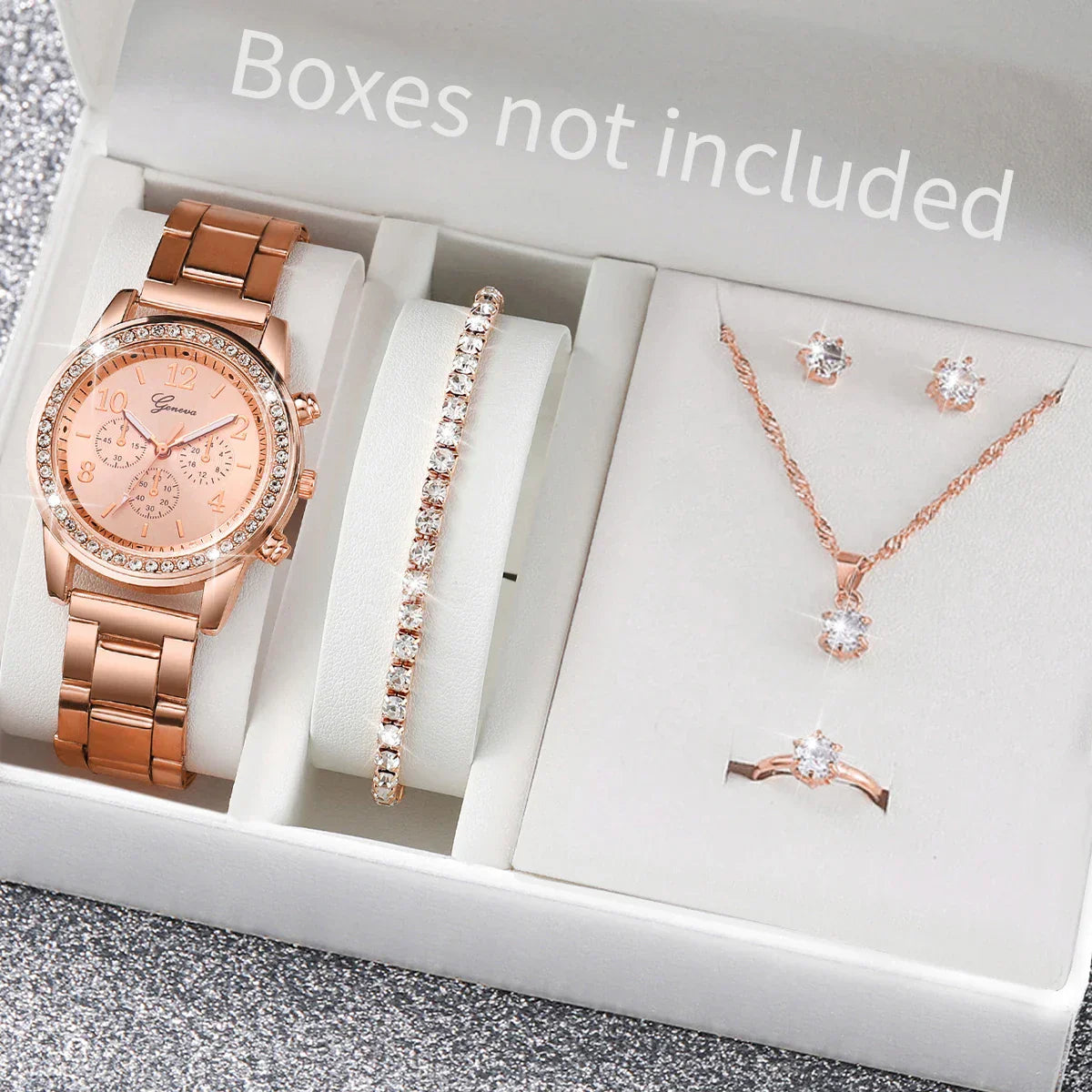 6PCS/Set Fashion Rhinestone Women Watches Analog Quartz Wrist Watch Jewelry Set Reloj Mujer（Without Box）