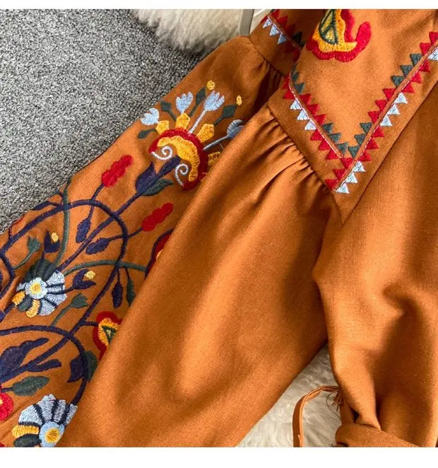 Retro Ethnic Sle Long Sve Embroidered round Ne A-Line Cotton Linen Dr Slimming Waist Cinched Ele Long Dr