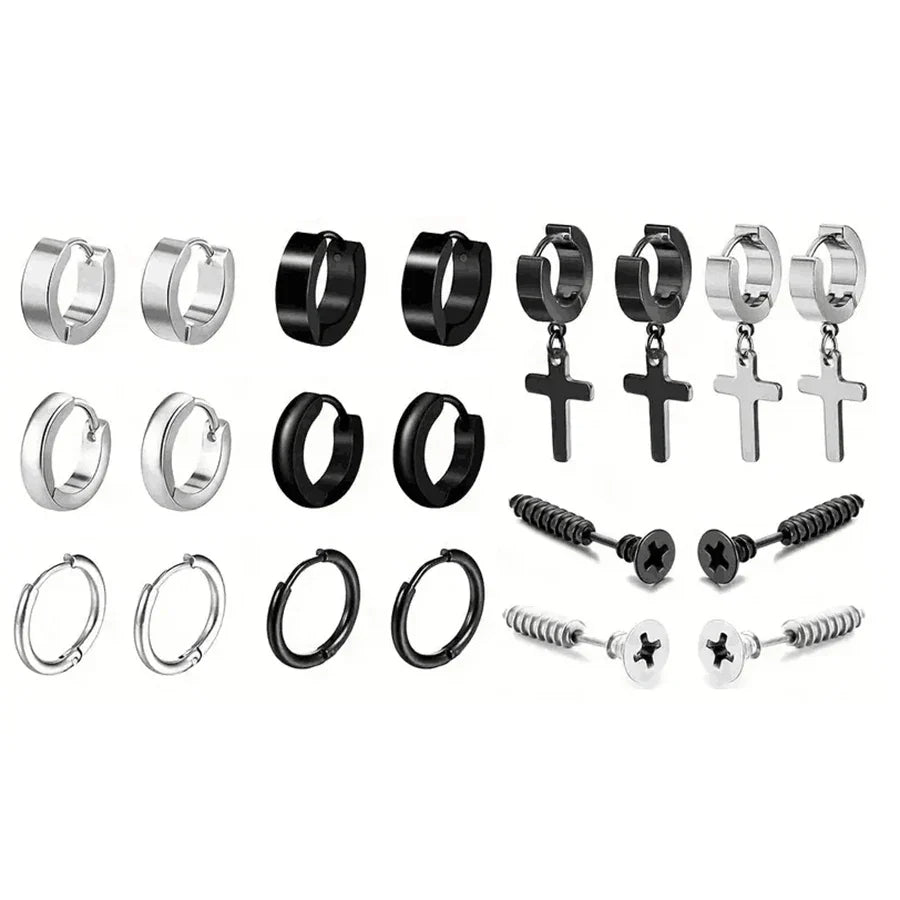 Simple Stainless Steel Zircon Stud Earrings For Men, Cross Pendant Hoop Earrings For Daily Wear