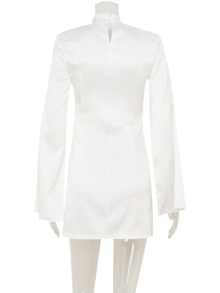 Eelgant Mini Dresses For Women Solid Long Flare Sleeves Turtleneck Sheath Satin Fashion Split Party Slim Fit Female Robe