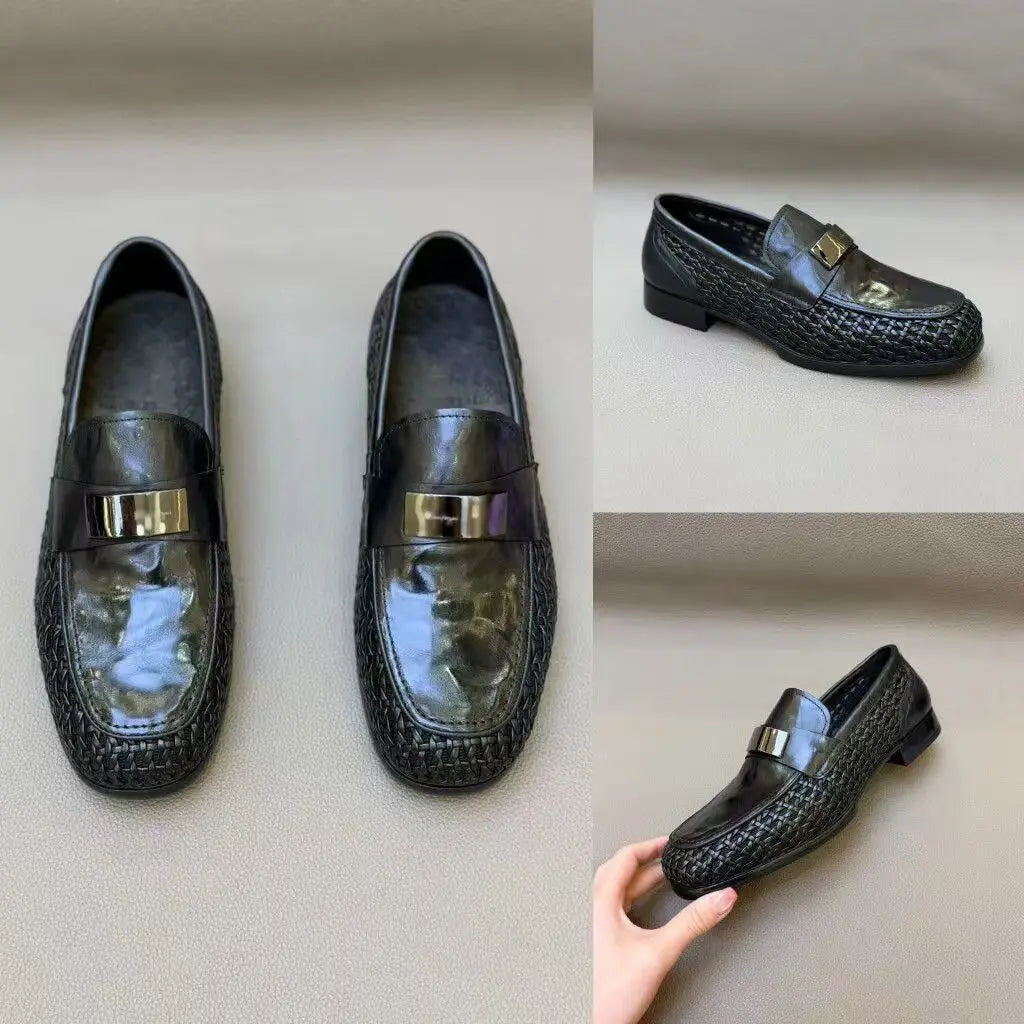 2026 Summer New Hallow Leather Shoes for Man Black Woven Breathable Elegant Shoes Man Fashion Business Loafers Male